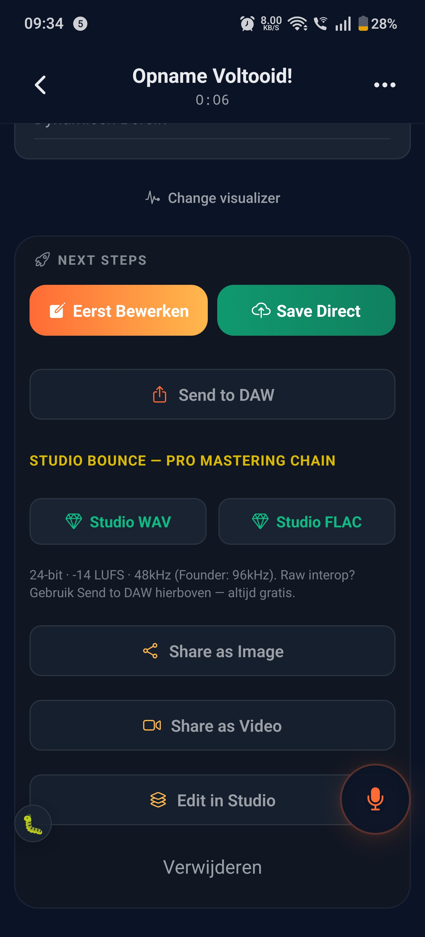 Options d'export : CTA principaux Eerst Bewerken et Save Direct, bouton Send to DAW, Studio Bounce avec WAV et FLAC en 24-bit -14 LUFS 48 kHz (Founder 96 kHz), plus options Share as Image et Share as Video.