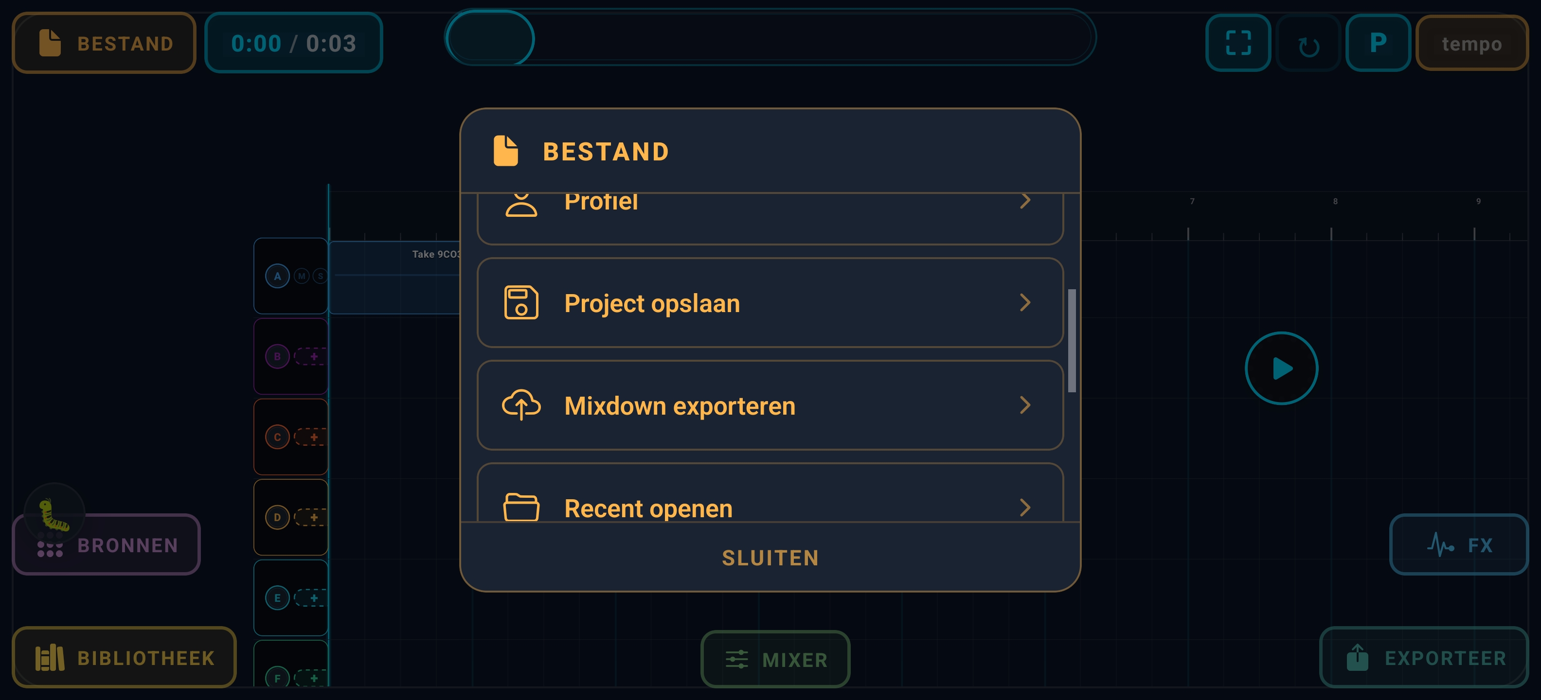 Studio file menu — Profile, Save project, Export mixdown, Recent