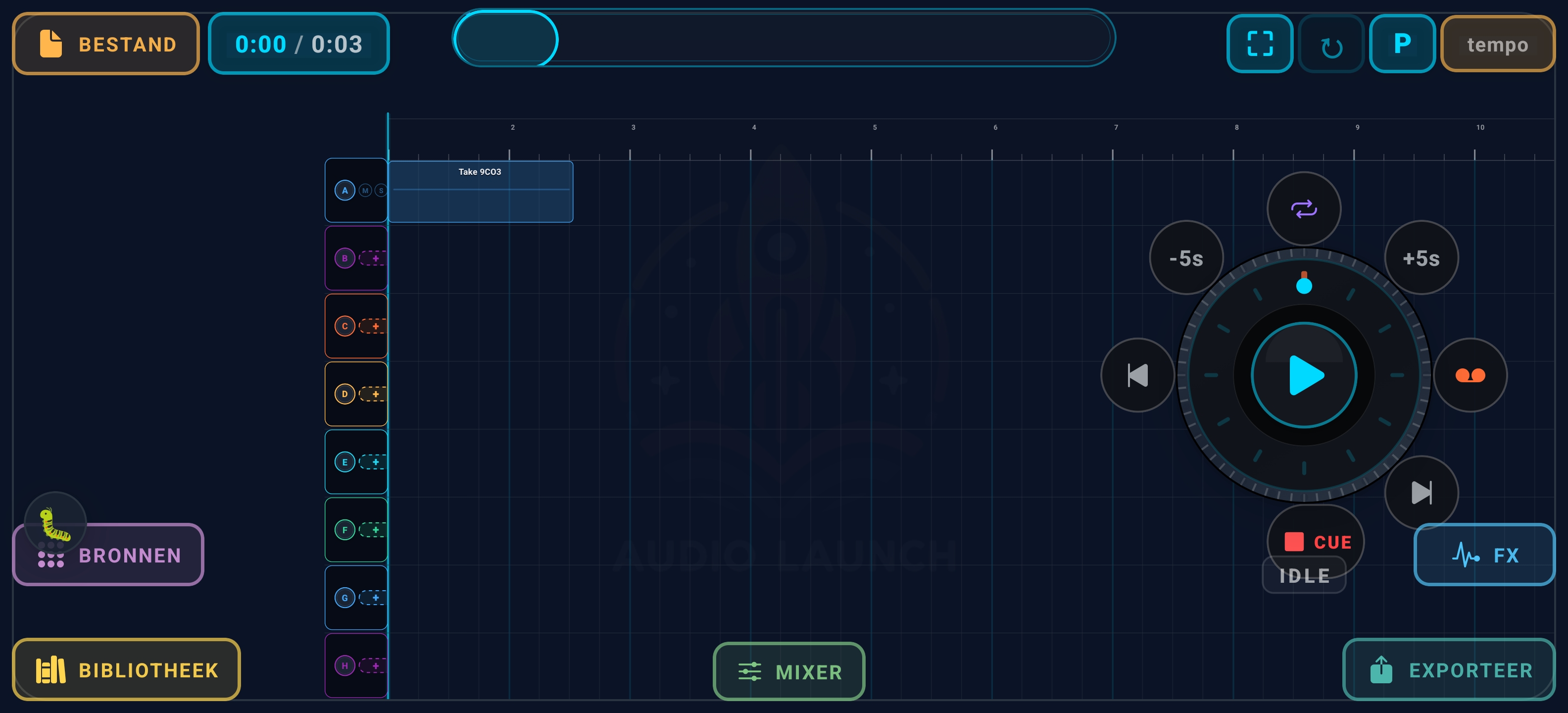 Studio canvas — 8 lanes, take clip, floating transport wheel with cue and scrub