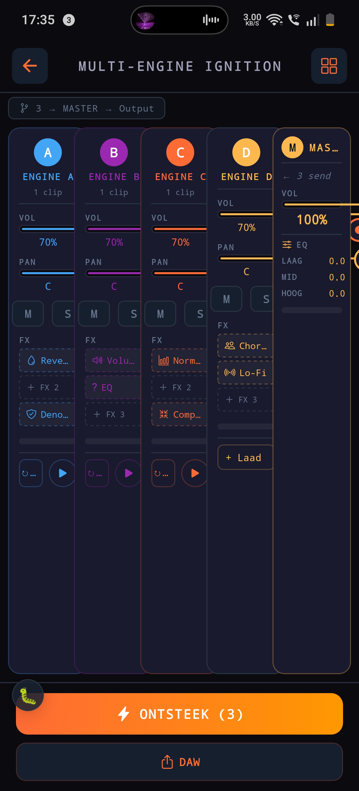 Mixeur Multi-Engine Ignition : 5 tranches de canal A bleu, B violet, C orange, D jaune, M master, chacune avec VOL, PAN, M/S, inserts FX, EQ sur le master.
