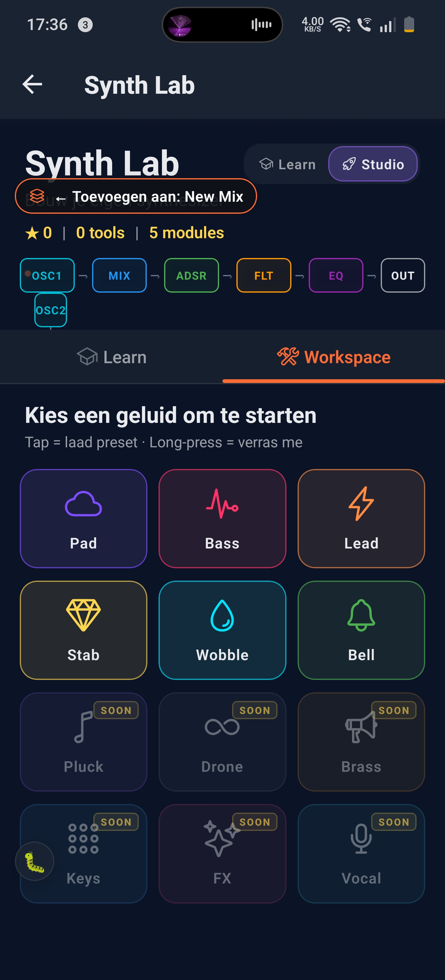 Presets Synth Lab : Pad, Bass, Lead, Stab, Wobble, Bell disponibles, plus Pluck, Drone, Brass, Keys, FX, Vocal bientôt disponibles.