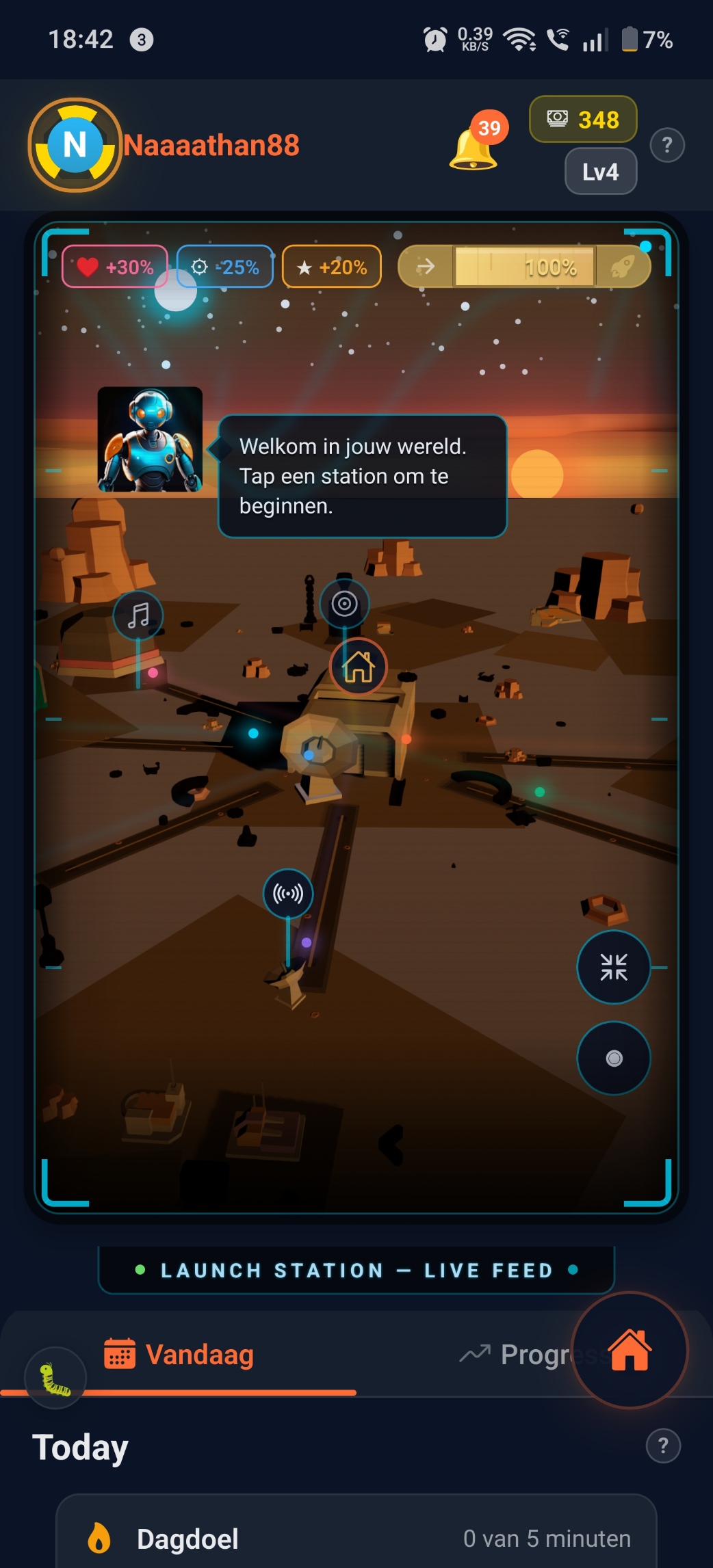 Launch Station avec le bot AL qui accueille l'utilisateur : Welkom in jouw wereld. Tap een station om te beginnen.
