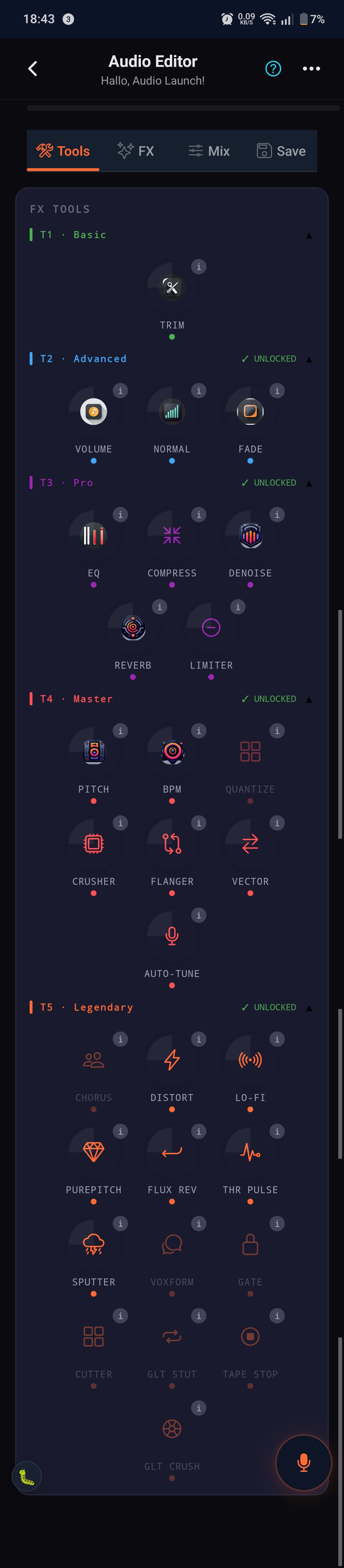 Bibliothèque FX Tools organisée en 5 paliers : T1 Basic, T2 Advanced, T3 Pro, T4 Master, T5 Legendary — chacun débloqué — avec plus de 30 effets au total, dont EQ, Compress, Denoise, Reverb, Limiter, Crusher, Flanger, Auto-Tune, Distort, Lo-Fi et plus encore.