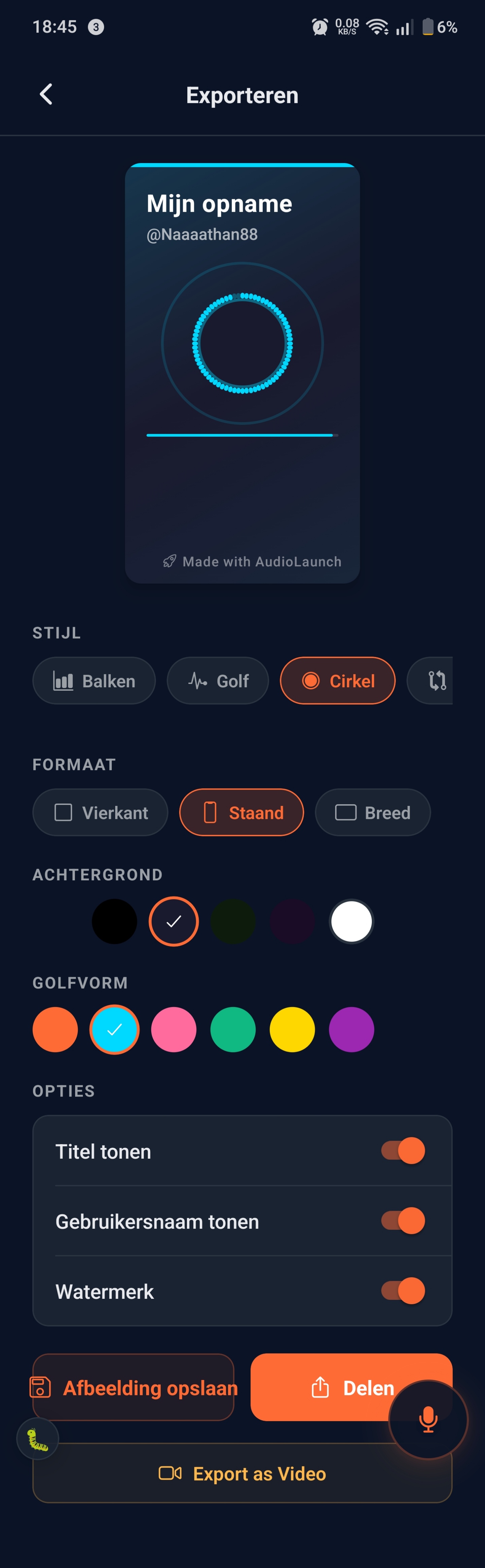 Partage sur les réseaux : visualizer circulaire avec le nom d'utilisateur @Naaaathan88, filigrane Made with AudioLaunch, options de style Balken/Golf/Cirkel, formats Vierkant/Staand/Breed, sélecteurs de couleur pour l'arrière-plan et la forme d'onde, interrupteurs titre/nom d'utilisateur/filigrane, CTA Afbeelding opslaan et Delen plus Export as Video.
