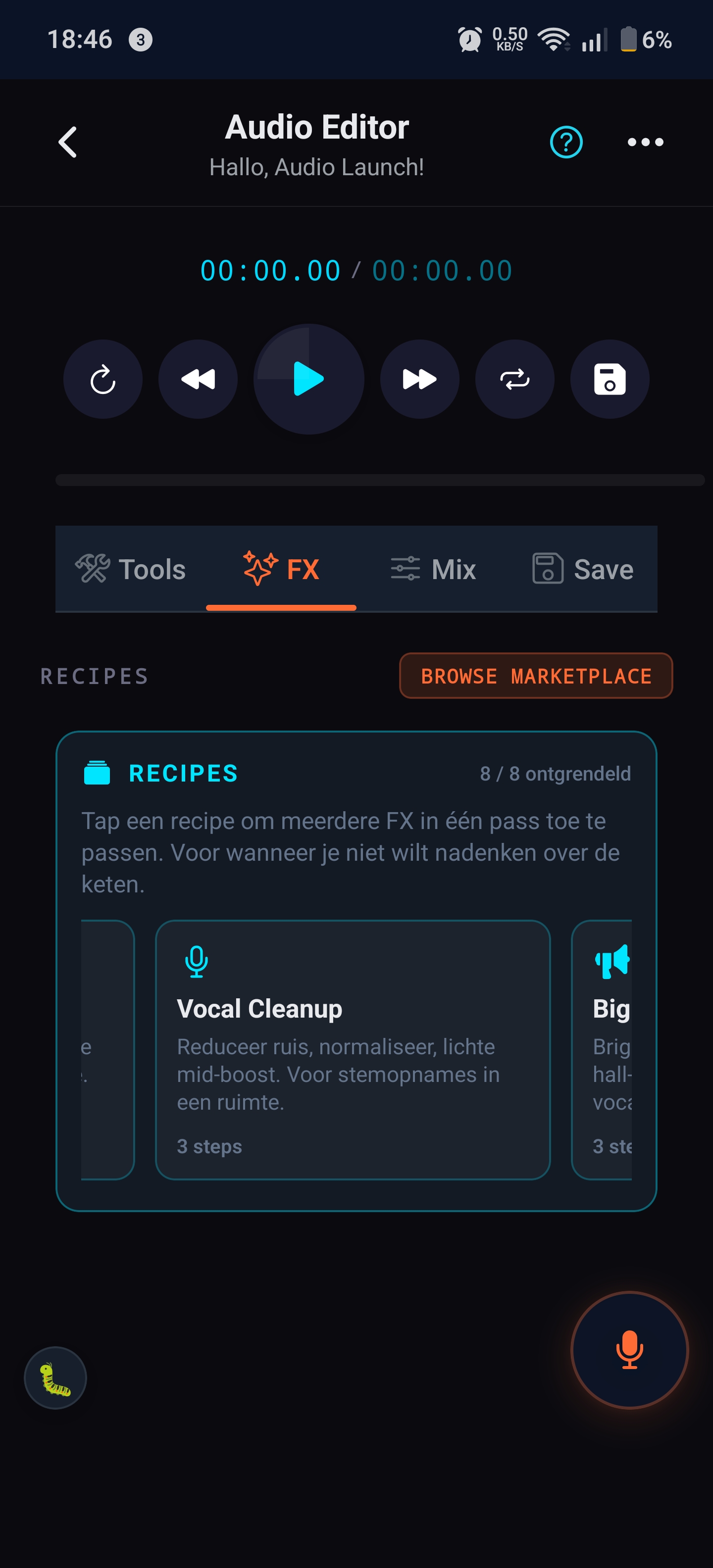 Onglet FX de l'Audio Editor : panneau Recipes avec 8 recettes débloquées sur 8, dont Vocal Cleanup (réduire le bruit, normaliser, mid-boost) et Big Room reverb, plus un bouton BROWSE MARKETPLACE en haut.