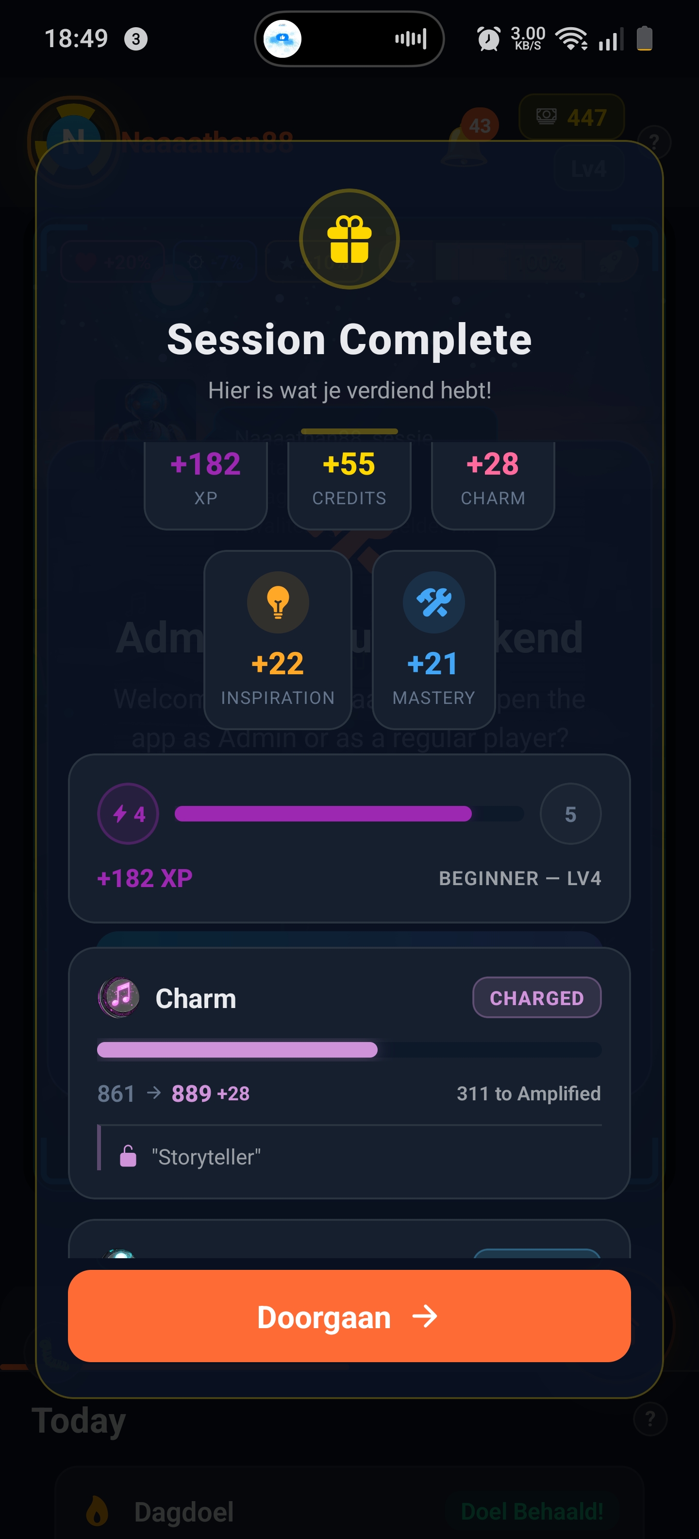 Modale Session Complete : +182 XP, +55 Credits, +28 Charm, +22 Inspiration, +21 Mastery ; Beginner Level 4, état Charm CHARGED 861 à 889 plus 28, 311 jusqu'à Amplified, titre Storyteller débloqué.