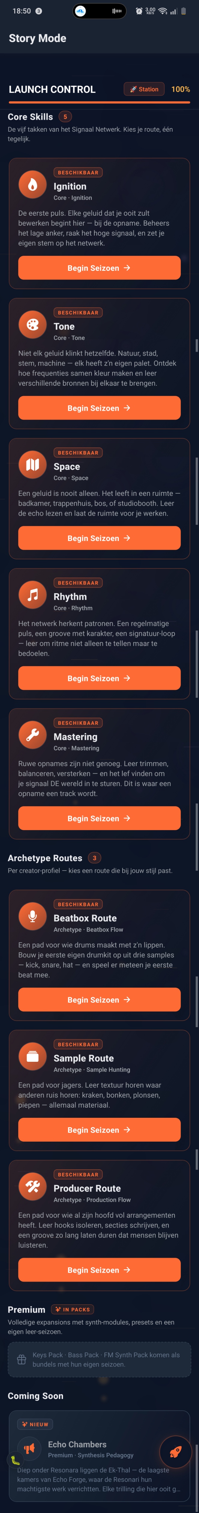 Vue d'ensemble du Story Mode : Launch Control 100%, 5 Core Skills (Ignition, Tone, Space, Rhythm, Mastering), 3 Archetype Routes (Beatbox, Sample, Producer), extensions Premium (Keys Pack, Bass Pack, FM Synth Pack), Coming Soon Echo Chambers pédagogie de synthèse premium.