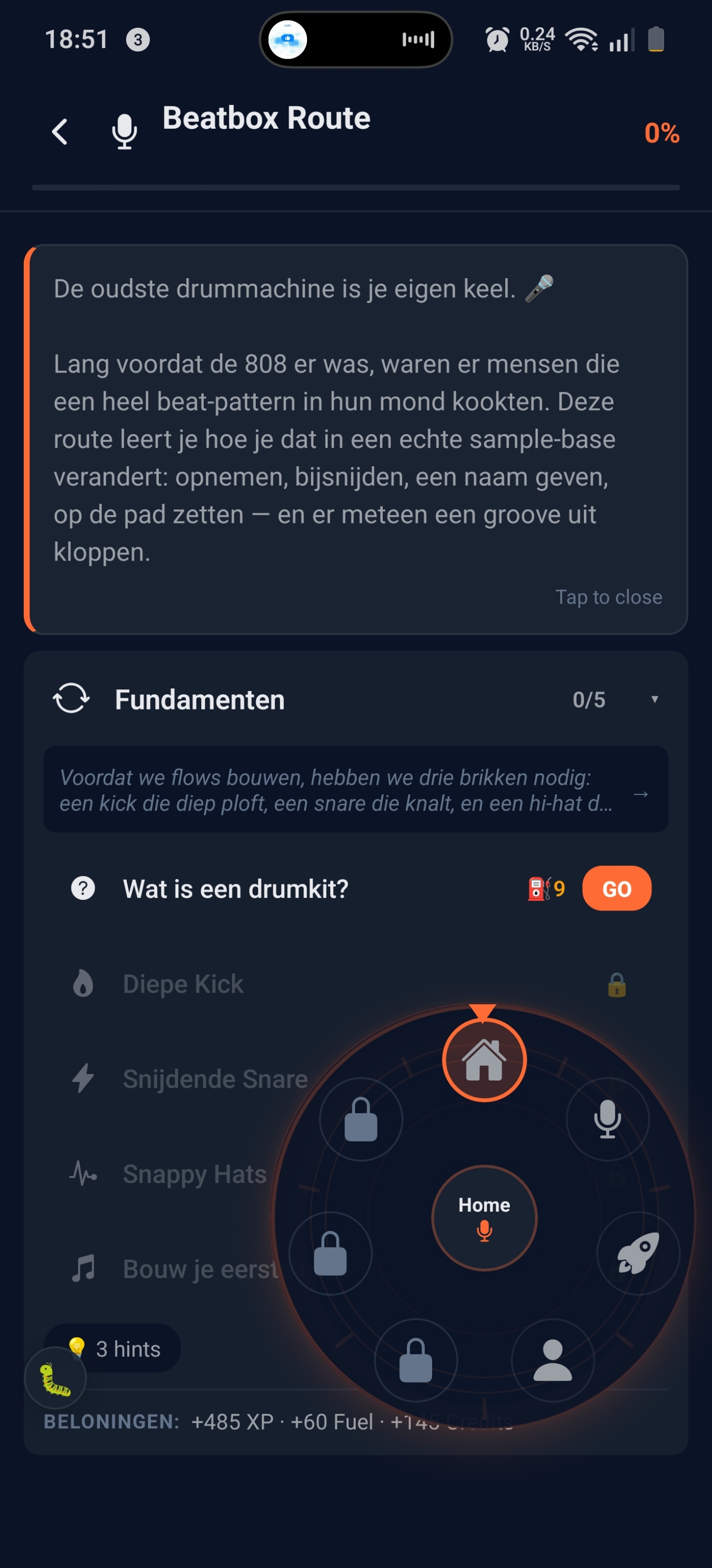 Mission Beatbox Route avec texte d'intro sur les motifs de beat et les drumkits ; progression Fundamenten en 5 étapes ; menu de compétences en orbite radiale avec Home au centre et 6 satellites pour Studio, Resonara, Lab, Profile et deux nœuds verrouillés.