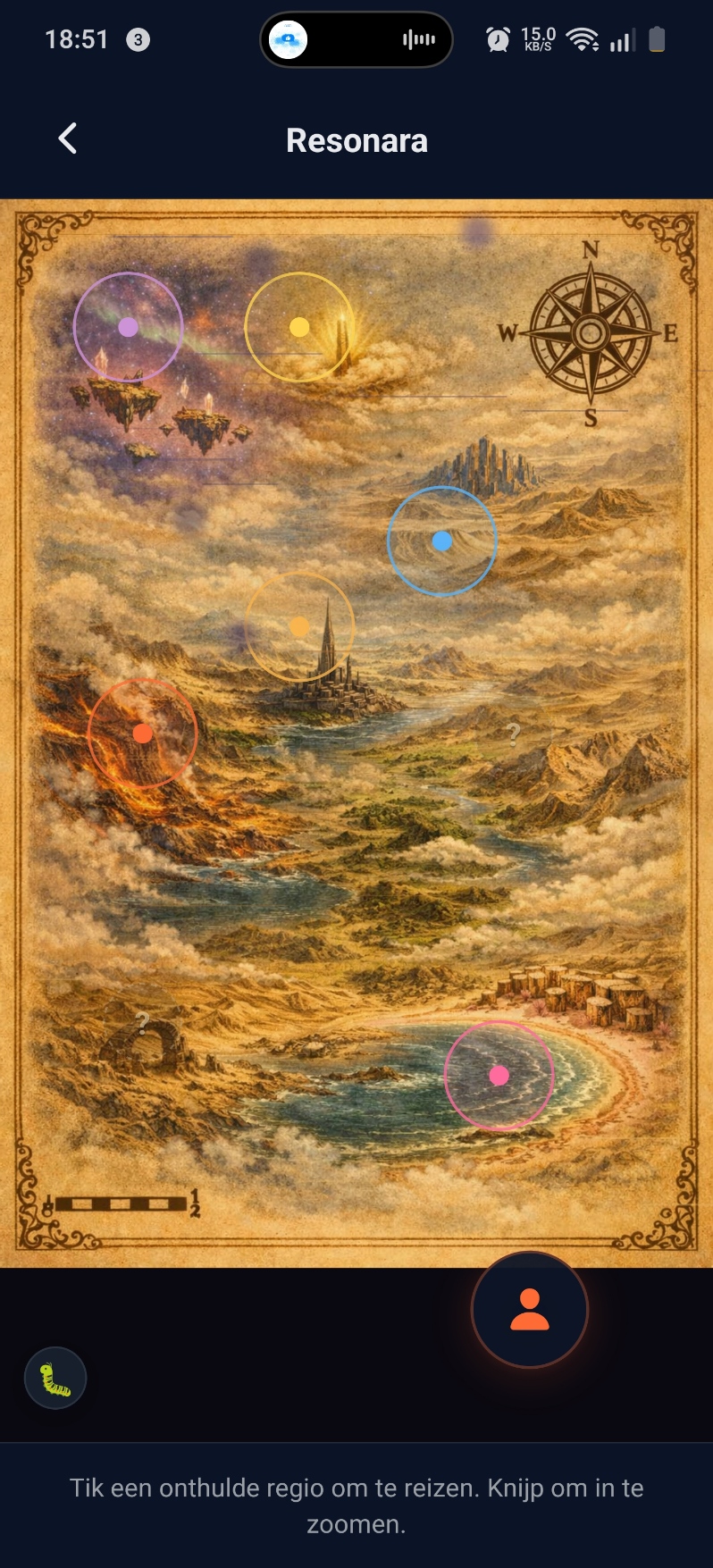 Carte du monde Resonara : style parchemin ouvragé avec rose des vents, plusieurs régions marquées par des cercles colorés — violet, jaune, bleu, rouge, rose — montagnes, rivières et îles flottantes.